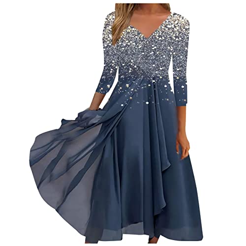 Vasreyy Rockabilly Kleid Maxikleider Damen Sommer Piratin kostüm Damen Rockabilly 50er Jahre Blumendruck Tiefer V-Ausschnitt 3/4 Ärmel Chiffon Kleider Ballkleid Sommerkleidung Damen (Marine, M) von Vasreyy