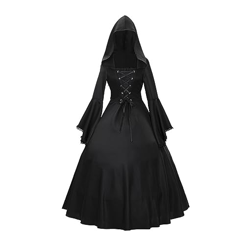 Vasreyy Sale Angebote, Halloween Kostüm Mittelalter Kleid Spitze Ausgestellte Langarm Krawatte Kapuze Swing Kleid Hofkleid Schwarzes Halloween Kleid Kleid Mittelalter (Schwarz,XL) von Vasreyy