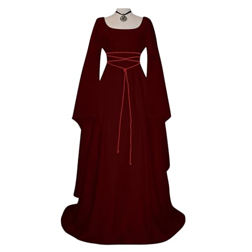 Vasreyy Sale Angebote, Mittelalter Kleid Damen Mittelalter Kleid Mädchen Einfarbig Mittelalterliche Kleid Ausgestellte Ärmel Kleid Halloween Kleid Schwarz (2-Wine,S) von Vasreyy