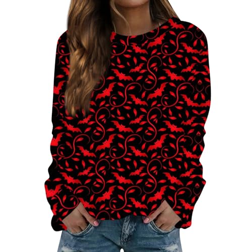 Vasreyy Sale Angebote Halloween Oberteile Halloween Drucken Pullover Langarm Rundhals Cartoon Damen Pulli Ohne Kapuze Geschenke Für Frauen Hoodie Decke Damen Sweatshirt Damen Sale Angebote (Red, S) von Vasreyy