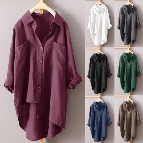 Vasreyy Sale Angebote Musselin Damen Einfarbig Revers Baumwolle Leinenbluse Sommer Herbst Große Größen Tunika Longbluse Longbluse Damen Sommer Damen Bluse Sommer Mittelalter Bluse Damen,Wein,4XL von Vasreyy