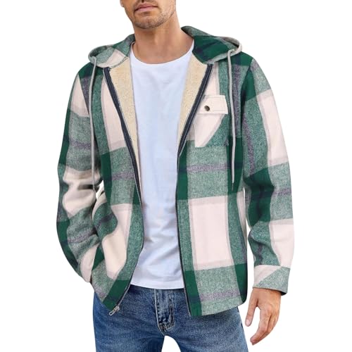 Vasreyy Sale Sweatjacke Herren Ohne Kapuze Hoodie Herren Fleecejacke Karierter Druck Kordelzug Sweatjacke Mit Kapuze Gefütterte Jacke Mit Reißverschluss Pullover Für Herren (Grün, S) von Vasreyy