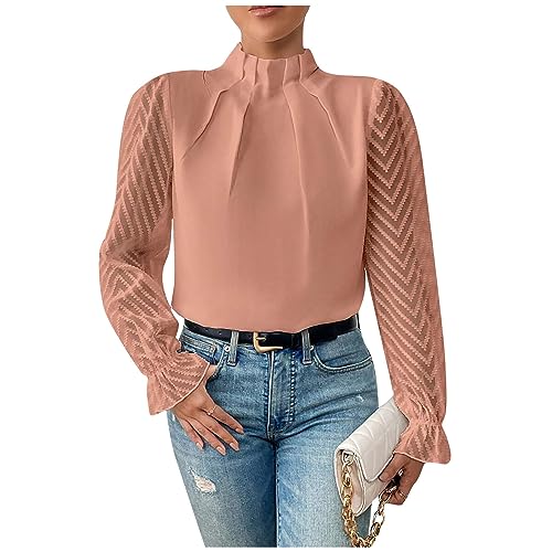 Vasreyy Thermo Unterhemd Musselin Bluse Langarmshirt Schwarz Frauen Einfarbig Sptize Patchwork Rollkragen Bluse Netz Puffärmel Langarmbluse Plissiert Bluse Herbst Silvester Oberteil Glitzer von Vasreyy