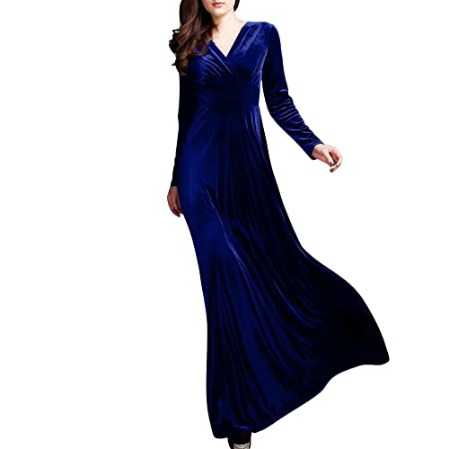 Vasreyy Winterkleider Damen Kleidung Damen A Linien Kleid Damen Sommer Einfarbig V-Ausschnitt Knöchel Samtkleid Hohe Taille Abendkleid Lang Elegant Velvet Maxikleid (Dunkelblau,XXL) von Vasreyy