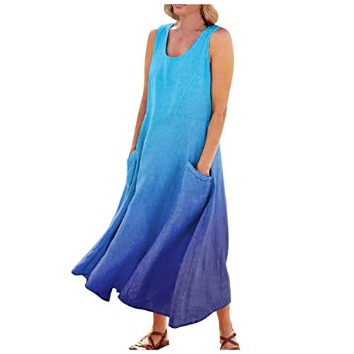 Vasreyy blitzangebote Damen Kleider elegant Hose unter Kleid Damen Lange Sommerkleider Farbverlauf Druck Rundhals Ärmellos musselin Kleid Kleider große größen Damen (Dark Blue, L von Vasreyy