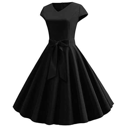 Vasreyy faschingskostüme Damen leinenkleid Damen Sommer schwarzes Kleid Damen lang 50er Jahre Rockabilly Einfarbig V-Ausschnitt Kurze Ärmel Cocktailkleid Midikleid mit Bowknot (Schwarz, M) von Vasreyy