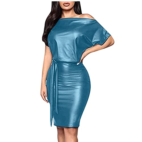 Vasreyy schwarzes Kleid Tshirt Kleid Damen langes Sommerkleid Damen Kunstleder Stretch Eine Schulter Einfarbig Lederkleid Clubkleid Midikleid mit Gürtel Kleid Langarm (Blau, L) von Vasreyy