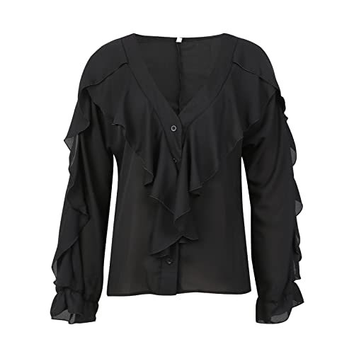 Vasreyy t Shirts schwarz t-Shirt Damen weiß Shirt v Ausschnitt Damen sexy Drucken/Einfarbig Rüschen Tiefer V-Ausschnitt Chiffon Tee Shirt Langarmshirt mit Knöpfen Tshirt Set (Schwarz, S) von Vasreyy