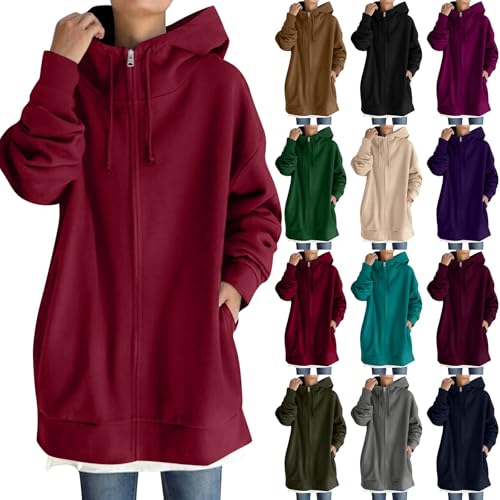 Warehouse Deal Retourenware Hemdjacke Damen Langarm Zipper Hoodie Jacke Casual Sweatshirt Mit Kapuze Warm Winterjacke Einfarbig Kapuzenjacke Elegant Fleecejacke Cardigan Kapuzenpullover (Wine, 5Xl von Vasreyy