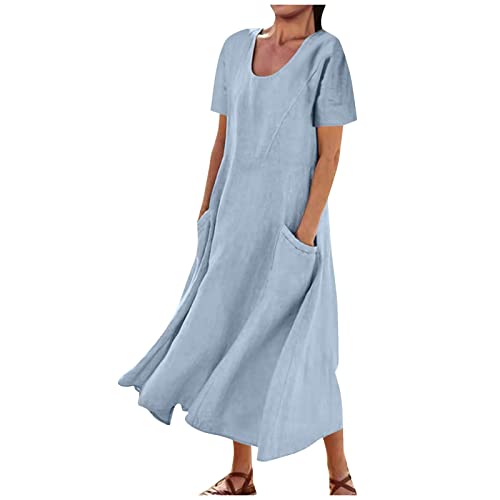 angebot des tages abendkleid lang elegant für hochzeit luftige strandkleider damen sommerkleid damen leicht Einfarbig Ärmellos Rundhals Leinen Baumwolle Kleid hängekleider sommer (Sky Blue, 3XL) von Vasreyy