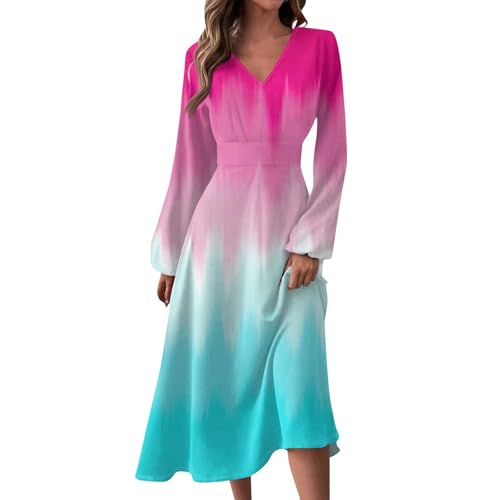 angebote des tages heute blitzangebote kleid langarm damen kleid damen halloween kleider lang V-Ausschnitt Farbverlauf Langarm Kleid Elegant Damen Taille Kleid tshirt kleid damen (Light pink, S) von Vasreyy