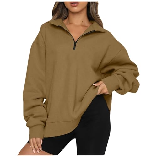 angebote des tages heute damen sweatshirt damen ohne kapuze damen revers sweatshirts pullover y2k bluse top Ohne Kapuze Pullover Mit 1/4 Zipper Pullover Damen Winter Warm Pulli (Light Brown, L) von Vasreyy