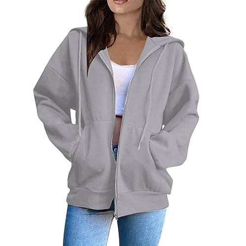 angebote des tages heute damen sweatshirt jacke norweger pullover damen Pullover mit Kapuze Einfarbige Zipper Kapuzenpullover Herbst Winter Langarm Sweatshirt oversized hoodie damen (Light Gray, XL) von Vasreyy