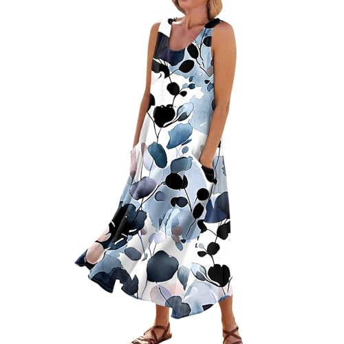 blitzangebote des Tages Kleid Hochzeit gast skims Dress Kleid lang Blumendruck Ärmellos Kleid mit Taschen Lässig Rundhals Maxikleid hängekleider Damen Sommer (Marine, XXL) von Vasreyy