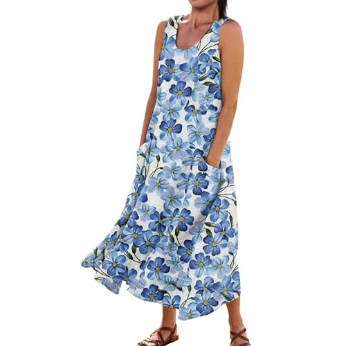 blitzangebote des tages boho kleid damen sommerkleid lang maxi kleider für damen sommer Blumendruck Ärmellos Sommerkleid Damen Lässig Rundhals Maxi Trägerkleid summer dresses for women (Blue, XL) von Vasreyy