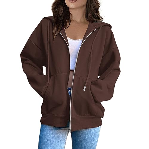 damenbekleidung sale hoodie y2k hoodie teenager mädchen vintage clothes Pullover mit Kapuze Einfarbige Zipper Kapuzenpullover Herbst Winter Langarm Sweatshirt pullover schwarz damen (Coffee, S) von Vasreyy