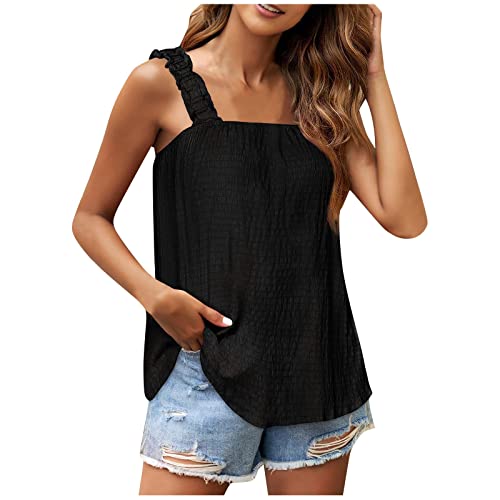 hemd jacke damen bluse damen sommer v-ausschnitt damen Breite Träger Elegant Einfarbig Rückenfrei Quadratischem Kragen Trägertop Camisole Sommer Casual Ärmellose Plissee Crop Tops (Schwarz, XXL) von Vasreyy