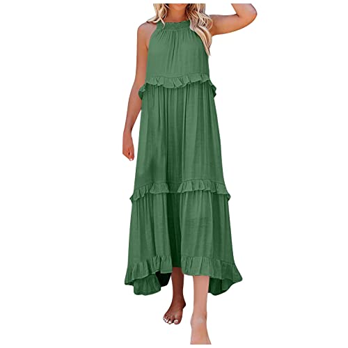 kleid hochzeit gast leinenkleid damen sommer rosa kleid damen Einfarbig Rückenfrei Neckholder Mehrlagiges Kleid Strandkleid Sexy Ärmelloses Lang Kleider Faltenkleider abendkleider kurz (Green, M) von Vasreyy