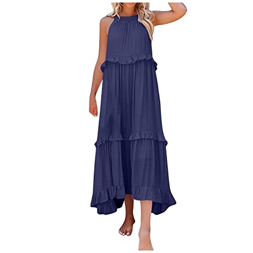 kleid mit hose drunter midi kleider damen prinzessin kleid damen Einfarbig Rückenfrei Neckholder Mehrlagiges Kleid Strandkleid Sexy Ärmelloses Lang Kleider Faltenkleider abschlusskleid (Dark Blue, XL) von Vasreyy