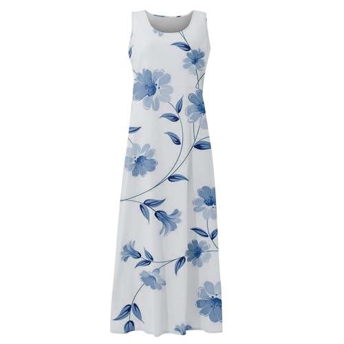 meine bestellung anzeigen sexy kleid damen festliches sommerkleid damen maxikleid Blumendruck Leinen Baumwolle Kleid Damen Lang Ärmellos Rundhals Tank kleid sommerkleid damen langarm (White, 3XL) von Vasreyy