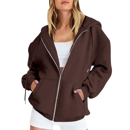 meine bestellung pullover für damen pullover damen elegant jacke damen sommer Pullover mit Kapuze Einfarbige Zipper Kapuzenpullover Herbst Winter Langarm Sweatshirt hoodie oversize (Coffee, L) von Vasreyy