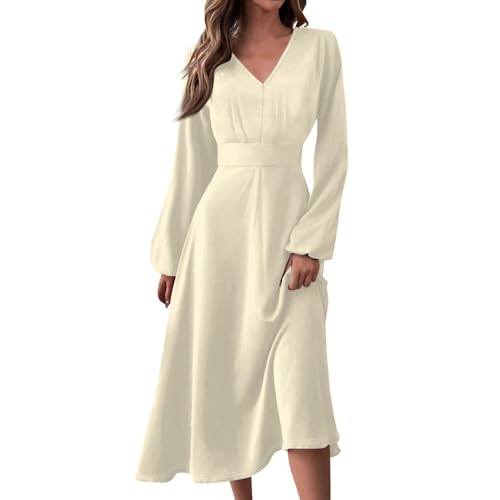 meine bestellungen anzeigen 2024 abendkleider elegant für hochzeit abendkleid damen lang sommerkleid damen lange Einfarbig V-Ausschnitt Langarm Kleid Herbst Lang blusen kleid herbstkleid (Beige, XXL) von Vasreyy