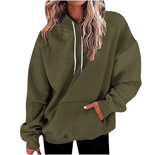 outlet angebote pullover & strickjacken für damen langarmshirt damen eng kleidung damen Einfarbige Oversize Kapuzenpullover Mit Kordelzug Herbst Winter Sweatshirt hoodie kleid damen (Army Green, M) von Vasreyy