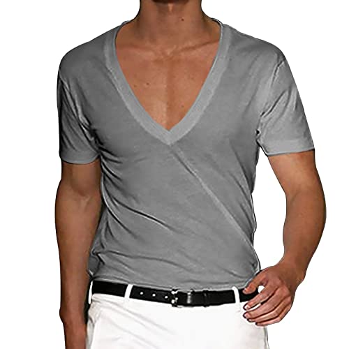 unterhemden herren oversized tshirt herren herrenhemden langarm bügelfrei Einfarbig Tiefer V-Ausschnitt Kurzarm T-Shirts Sport Shirt Frühling und Sommer Casual Kurzarmshirt Tees (Hellgrau, 3XL) von Vasreyy