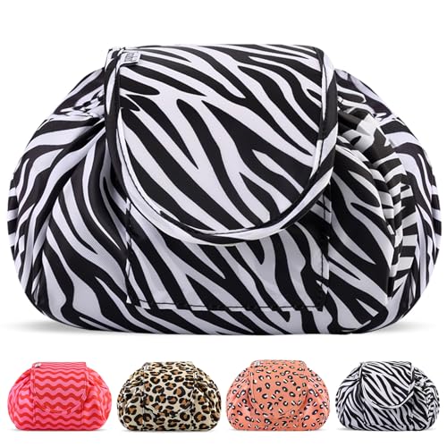 Lazy Kosmetikbeutel mit Kordelzug Portable Große Kosmetiktasche Reisetasche Make up Beutel Aufbewahrung Organisator für Damen Mädchen (Zebra) von Vavabox