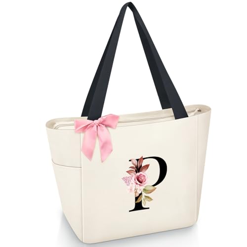 Vavabox Handtasche Damen A-Z Reißverschluss Schultertasche, Geschenke für Damen,Bräute und Brautjungfern, Arbeit,Reisen,Einkaufen,Schule (P, Beige) von Vavabox