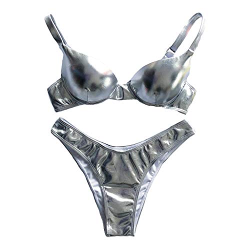 Vdaxvme 2-teiliges Brasilianisches Set Für Damen Reflektierend Glänzend Metallischer Badeanzug Push Up Bügel Hoch Geschnittener Badeanzug von Vdaxvme