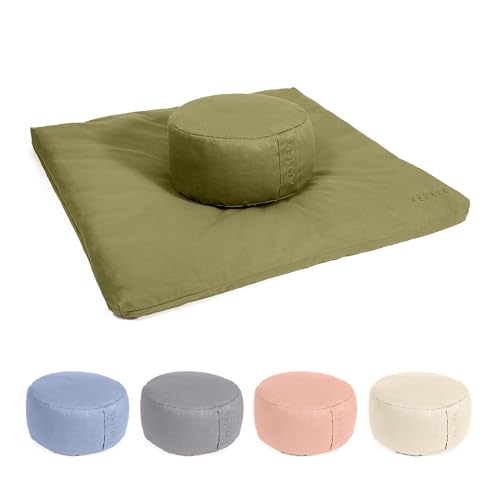 Vedara® Meditationsset Yogakissen Meditationsmatte Zabuton Kissen Rund – Waschbarer Bezug aus 100% robuster Baumwolle – Yoga Sitzkissen mit Bio-Dinkelspelzfüllung – Sitzhöhe 15cm (Waldgrün) von Vedara