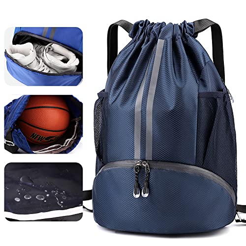 Veki Sport Rucksack mit Kordelzug, Turnbeutel Wasserdicht für Damen und Herren, Sportbeutel mit Bodenfach für Basketball, Fußball, Volleyball, Gymsack für Reisen, Fitnessstudio, Schwimmen (Blau) von Veki