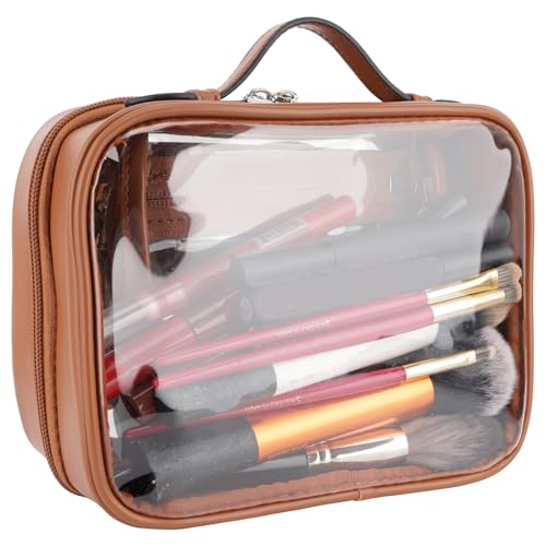 Veki Transparent Kosmetiktasche, Doppelte Lage Reise Kulturbeutel, Wasserdichter Kulturtasche, Groß Kapazität Öffnen Sie Kosmetikbeutel, Make Up Tasche Organizer für Damen und Mädchen (Klein Kaffee) von Veki