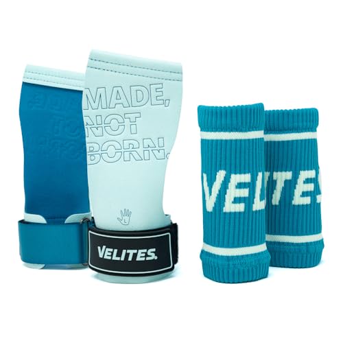 Velites I Quad Pro Crossfit Handschuhe I Professionelle Griffe für Crossfit oder Gymnastik I Geeignet für Jede Oberfläche I Verwendung mit Magnesium I Inklusive kostenloser Bänder (Helles Blau, XL) von Velites