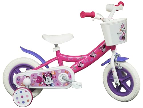 Kinderfahrrad 10 Zoll (25,4 cm) für Mädchen, Minnie/Disney mit 1 Bremse vorne, Korb, Schutzblech, Kurbelstange, Rollen & 2 abnehmbaren Stützrädern von Vélo ATLAS