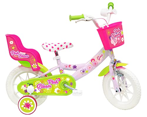 Vélo ATLAS Mädchen-Fahrrad, 12 Zoll, Pink Bloom, ausgestattet mit 1 Bremse, Korb vorne, Puppenhalter, Schutzbleche, Carter und Stabilisatoren, Pastellrosa von Vélo ATLAS