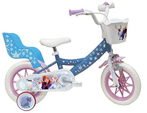 Vélo ATLAS Mädchen Fahrrad 12 Zoll Eiskönigin/Frozen Ausgestattet mit 1 Bremse, Korb Vorne, Puppentür Hinten, Schmutzschutz, Gehäuse und Stabilisatoren, himmelblau, 12'' von Vélo ATLAS
