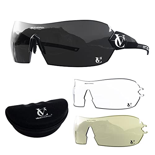 VeloChampion Hypersonic rahmenlose Sport-Sonnenbrille mit 3 austauschbaren Gläsern für Herren und Damen, UV400-Fahrradbrille. Schwarzer Rahmen/schwarzes Nasenstück/schwarze Linse von VeloChampion