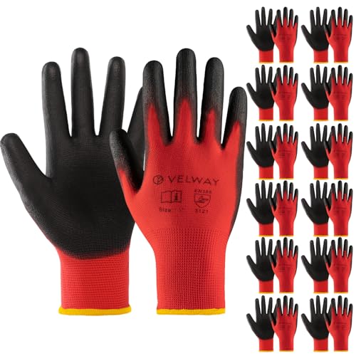 Velway 12 Paar Arbeitshandschuhe Mechaniker Handschuhe - Größe 8 Leichte Damen Gartenhandschuhe Rutschfeste mit PU-Beschichtete Herren Montagehandschuhe Atmungsaktive Handschuhe EN388 - Rot Velway 12 Paar Arbeitshandschuhe Mechaniker Handschuhe - Größe 8 Leichte Damen Gartenhandschuhe Rutschfeste mit PU-Beschichtete Herren Montagehandschuhe Atmungsaktive Handschuhe EN388 - Rot von Velway