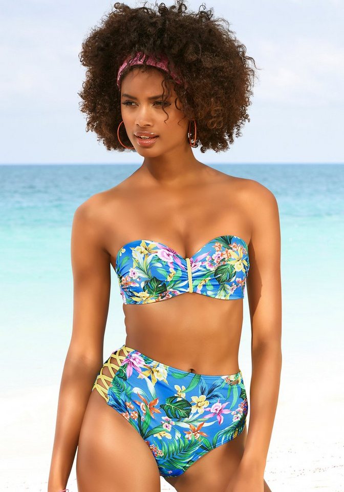 Venice Beach Bügel-Bandeau-Bikini-Top Hanni, mit tropischem Print und gelben Details von Venice Beach