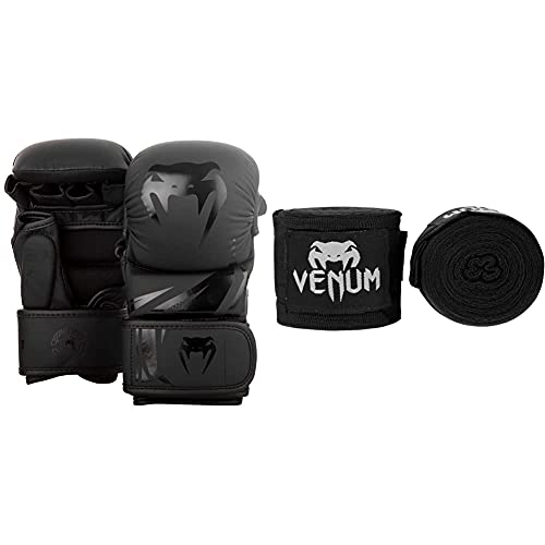 Venum Challenger 3.0 MMA Sparring Handschuhe, Schwarz/Schwarz, L/XL & Erwachsene Bänder Kontact Handgelenk und Armschoner, Schwarz, 4m von Venum