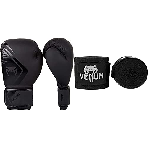 Venum Contender 2.0 Boxhandschuhe, Schwarz/Schwarz, 14 Oz & Erwachsene Bänder Kontact Handgelenk und Armschoner, Schwarz, 4m von Venum