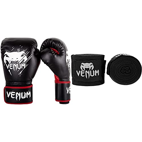 Venum Kinder Contender Boxhandschuhe, Schwarz/Rot, 8 oz & Erwachsene Bänder Kontact Handgelenk und Armschoner, Schwarz, 2,5m von Venum