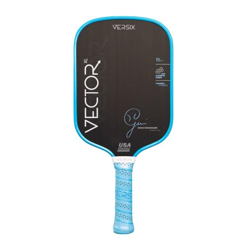 Versix Vector XL Genie Bouchard Signature Pickleball-Paddel, 15 mm, Rohkohlefaser, länglich, thermoriert, 5,75 geschmiedeter achteckiger Griff (blau, leicht) von Versix