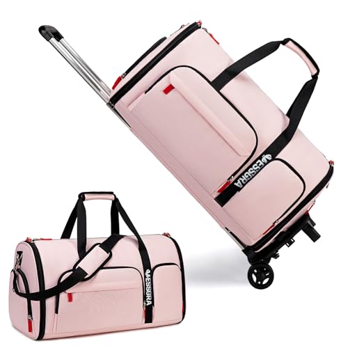 Kleidersack mit Rollen, Vessgra Reisetasche mit Rollen, Umwandelbare Kleider Duffel Tasche mit Schuhfach, Rollender Duffel Bag mit abnehmbarem Trolley System (Rosa) von Vessgra