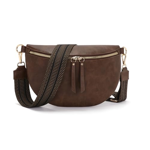 Vezluax 30x20cm Groß bauchtasche damen Vegan Leder umhängetasche damen crossbody bag damen stylisch gürteltasche damen mit 5cm breitem gurt Vintage-Braun von Vezluax