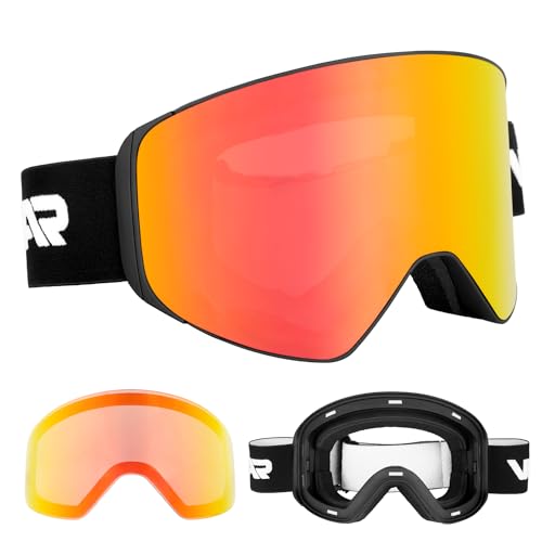 Vgooar OTG Skibrille mit Magnetischer Abnehmbarer Linse, Rahmenlose Skibrille mit Zylindrischer Linse – Antibeschlag und UV400 Schutz Skibrille für Herren und Damen(Rot) von Vgooar