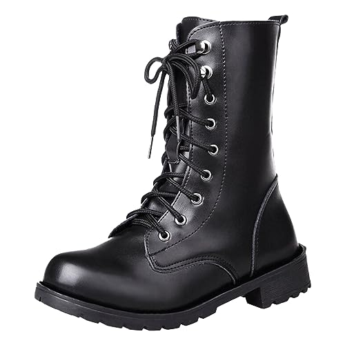 Vhersily Damen Stiefeletten mit breitem Absatz Midi Winter Bequem Elegant Casual Stiefel Leder Stiefel Damen Hohe Biker Boots Motorradstiefel Stiefeletten Schnallen Amphibienstiefel Hohe Stiefel von Vhersily