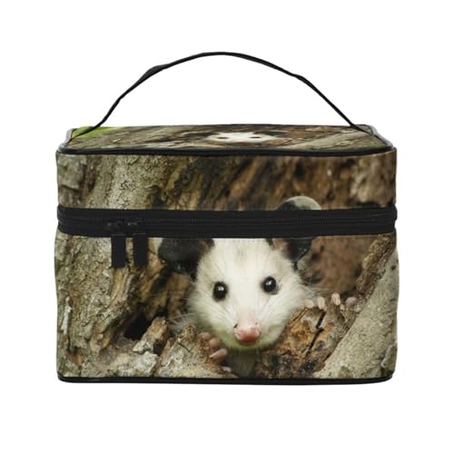 Make-up-Tasche, große Kosmetiktasche, tragbare Reisetasche, Leder, wasserdicht, für Damen und Mädchen,Niedliches Opossum in einem Baumloch von VhoMes